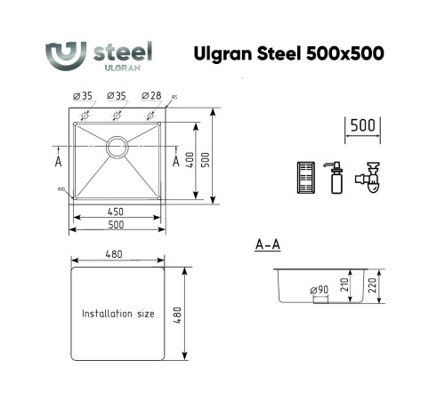 Кухонная мойка Ulgran Steel 500х500, черная брашированная сталь