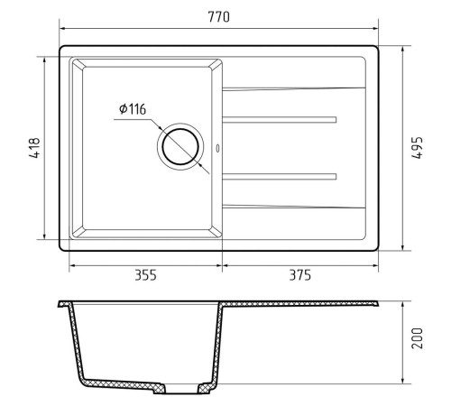 Кухонная мойка GranFest QUADRO 780L, графит