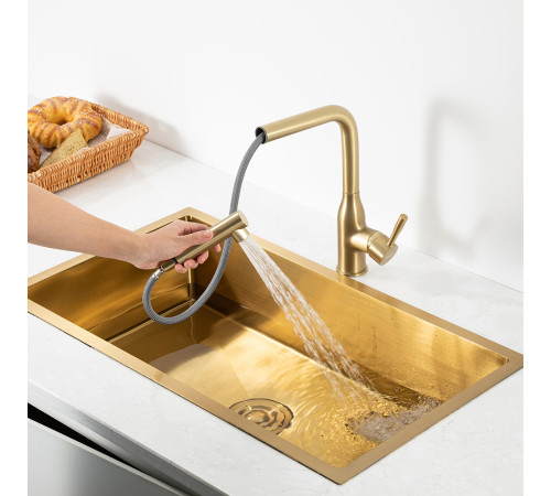 Смеситель для кухни с выдвижным изливом и режимом душ FRAP F6096-3, золотой сатин