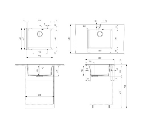 Кухонная мойка Ulgran Quartz Under 500-06, трюфель