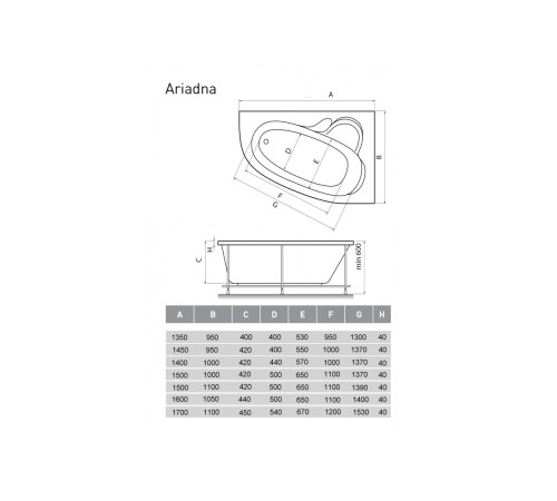 Ванна акриловая правосторонняя Relisan ARIADNA Гл000000536, 160x105