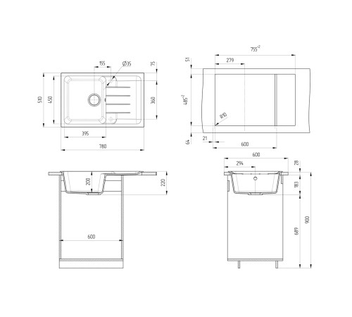 Кухонная мойка Ulgran Quartz Gerda 780-07, уголь