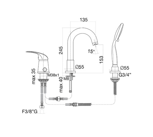 Смеситель на борт ванны Fiore MAX 32CR1455, хром
