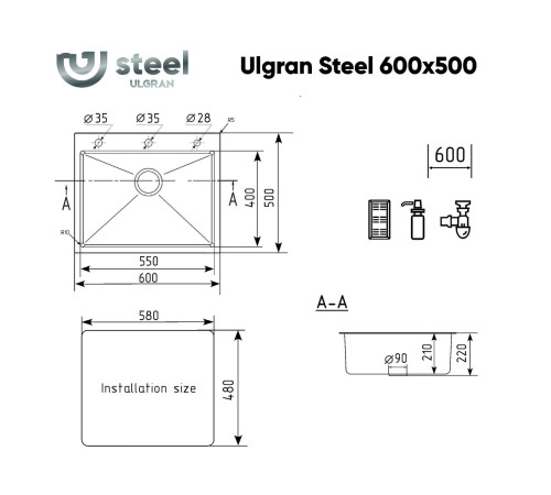Кухонная мойка Ulgran Steel 600х500, черная брашированная сталь