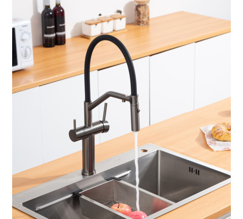 Смеситель для кухни с гибким изливом и подключением фильтра GAPPO G4399-89, оружейная сталь