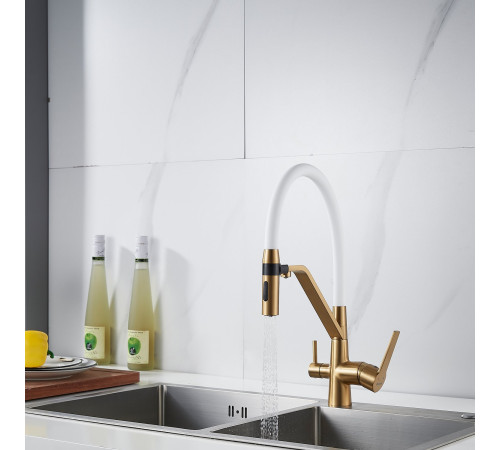 Смеситель для кухни с гибким изливом и подключением фильтра Shevanik S278G, золотой сатин