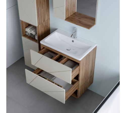 Тумба с раковиной и нишей Бриклаер КРИСТАЛЛ 70L, латте/дуб крафт табачный