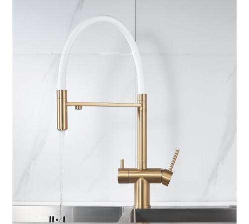 Смеситель для кухни с гибким изливом и подключением фильтра Shevanik S178G, золотой сатин/белый