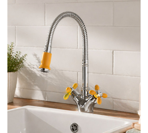 Смеситель для кухни с гибким изливом FRUD R43127-9, хром/оранжевый