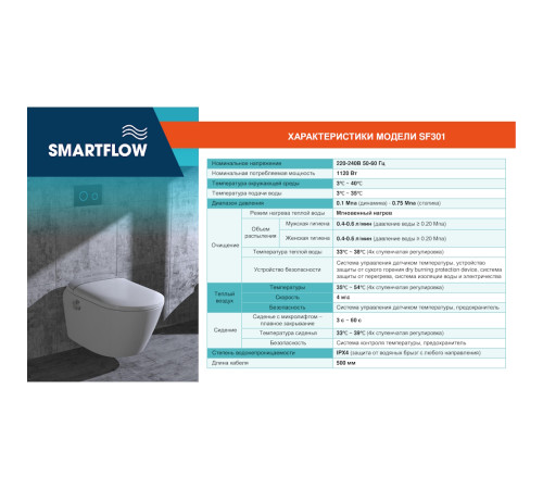 Умный унитаз SMARTFLOW безободковый с микролифтом SMF3017T-WH, белый