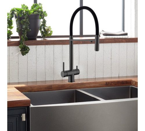 Смеситель для кухни с гибким изливом и подключением фильтра WesnaArt EKO05-160GunMetal, оружейная сталь