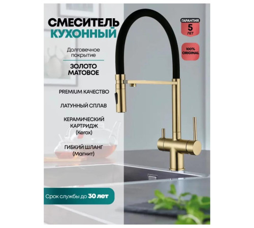 Смеситель для кухни с гибким изливом и подключением фильтра Grocenberg GB4096MG, матовое золото