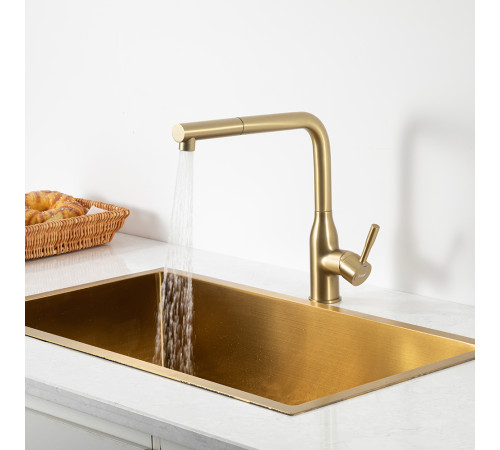 Смеситель для кухни с выдвижным изливом и режимом душ FRAP F6096-3, золотой сатин