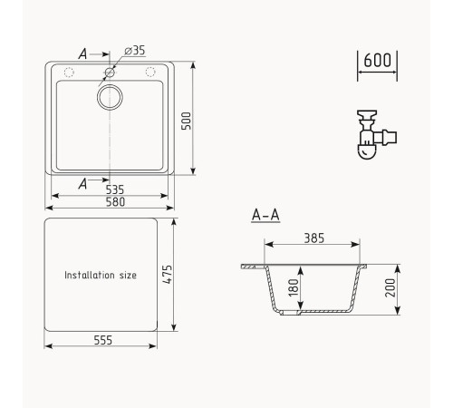 Кухонная мойка Ulgran Quartz Forte 580-09, мокрый асфальт