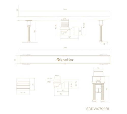 Душевой трап линейный Knotlor SDRW0700BL, матовый черный