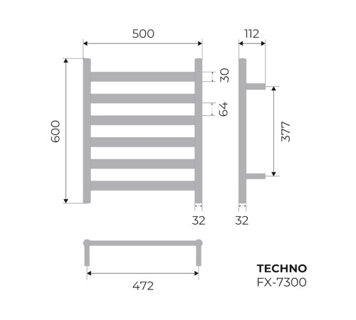 Полотенцесушитель электрический Fixsen TECHNO 600х500 FX-7300, хром