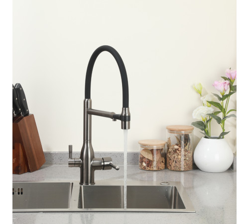 Смеситель для кухни с гибким изливом и подключением фильтра FRAP F4398-9, оружейная сталь