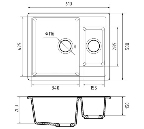 Кухонная мойка GranFest QUADRO 610K, графит
