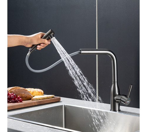 Смеситель для кухни с выдвижным изливом и режимом душ FRAP F6096-9, оружейная сталь
