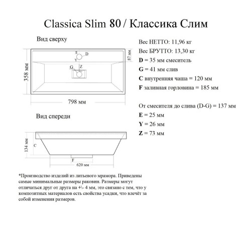 Раковина Madera Classica Slim 80, белый