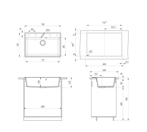 Кухонная мойка Ulgran Quartz Forte 760-10, песок
