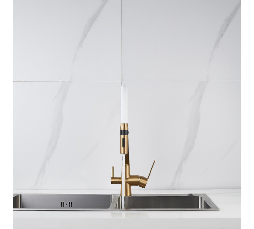 Смеситель для кухни с гибким изливом и подключением фильтра Shevanik S278G, золотой сатин