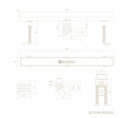 Душевой трап линейный Knotlor SDRW0900BS, матовая сталь