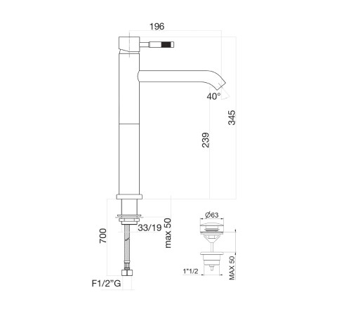 Высокий смеситель для раковины Fiore XENON 44NN5288, черный (с донным клапаном)