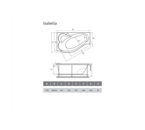 Ванна акриловая левосторонняя Relisan ISABELLA Гл000010529, 170x90