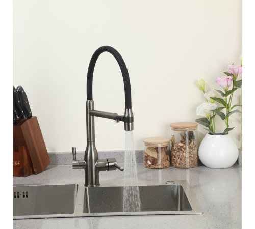 Смеситель для кухни с гибким изливом и подключением фильтра FRAP F4398-9, оружейная сталь