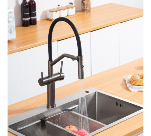 Смеситель для кухни с гибким изливом и подключением фильтра GAPPO G4399-89, оружейная сталь