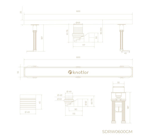 Душевой трап линейный Knotlor SDRW0600GM, вороненая сталь