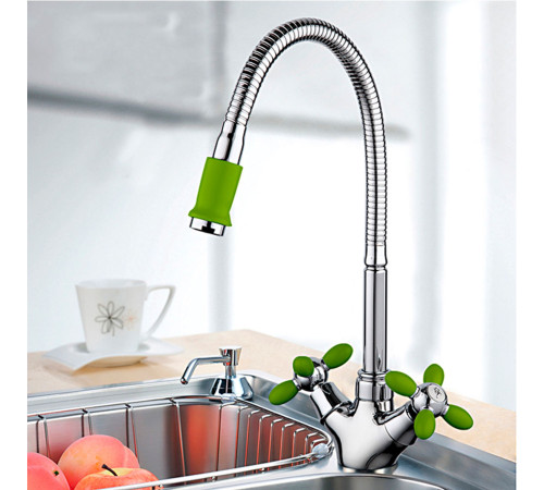 Смеситель для кухни с гибким изливом FRUD R43127-6, хром/зеленый