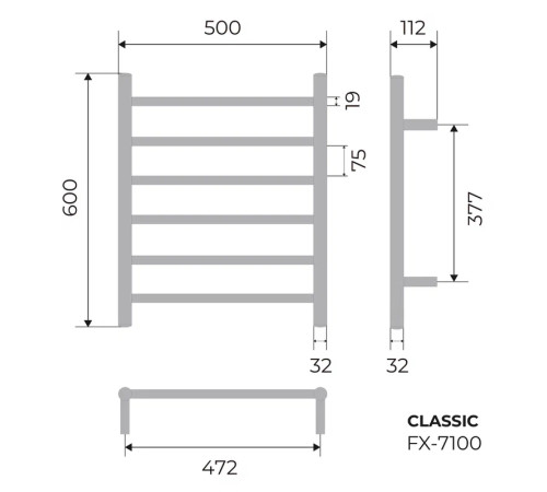 Полотенцесушитель электрический Fixsen CLASSIC 600х500 FX-7100, хром