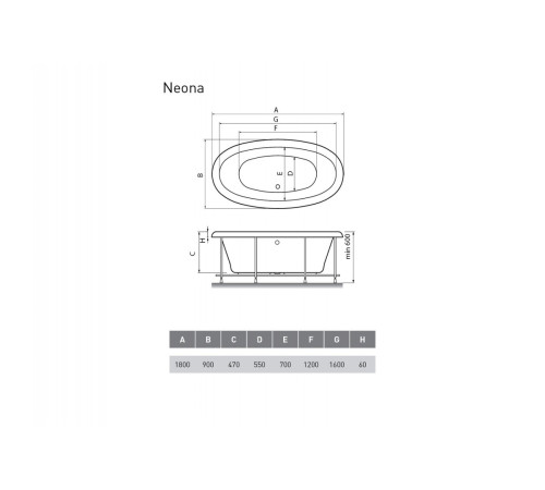 Ванна акриловая отдельностоящая Relisan NEONA Гл000000548, 180x90