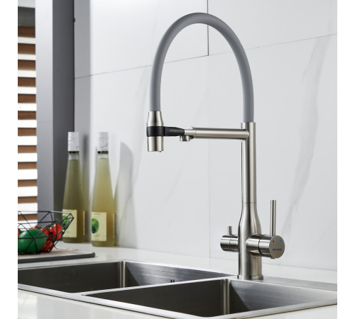 Смеситель для кухни с гибким изливом и подключением фильтра Shevanik S378L, сатин