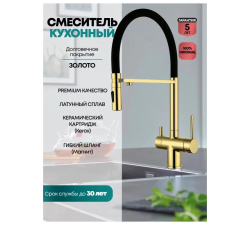 Смеситель для кухни с гибким изливом и подключением фильтра Grocenberg GB4096GO, золото