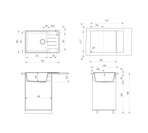 Кухонная мойка Ulgran Quartz Prima 760-06, трюфель